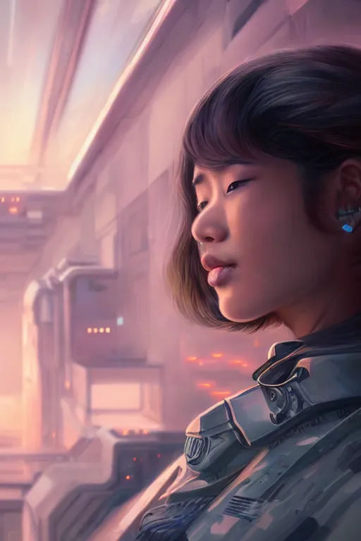 Image similar to portrait futuristic asian airforce girl, looking at the camera, in future airport rooftop , sci-fi, fantasy, intricate, very very beautiful, elegant, human anatomy, neon light, highly detailed, digital painting, artstation, concept art, smooth, sharp focus, illustration, art by tian zi and WLOP and alphonse mucha