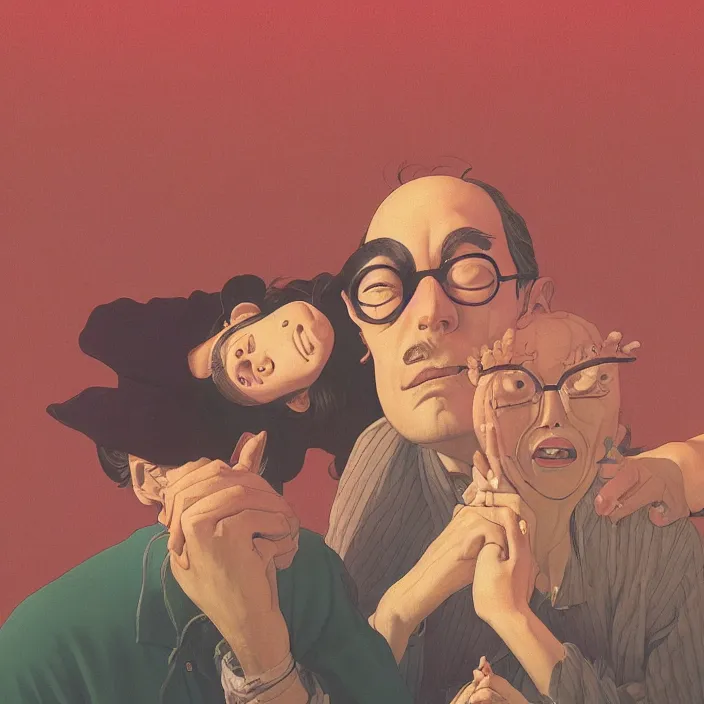 Image similar to close up portrait of a man and woman having fun with lsd and magic mushrooms by kawase hasui, moebius, Edward Hopper and James Gilleard, Zdzislaw Beksinski, Steven Outram, 8k, volumetric lighting, artstation