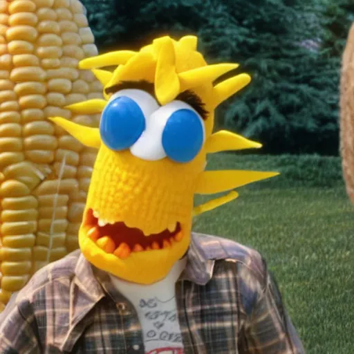 Image similar to a photoreal image of doug from the tv show doug as anthropomorphic corn.