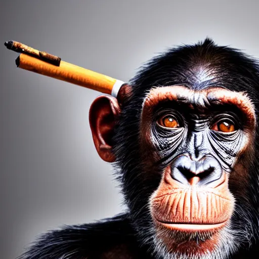 Image similar to a high detail portrait of a chimp wearing a suit 👔,and smoking🚬