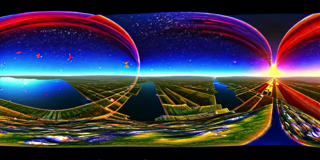 Image similar to equirectangular panorama landscape multiverse, trending on artstation, cinematic composition, beautiful lighting, hyper detailed, 8 k, oil on canvas