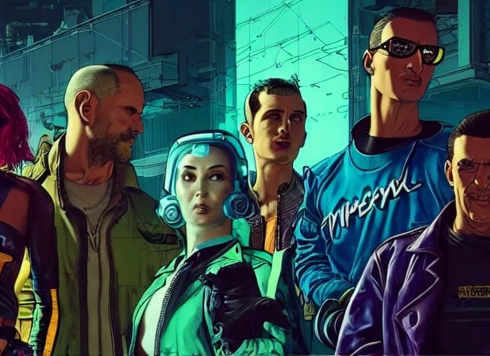 Image similar to cyberpunk heist crew. portrait by stonehouse and mœbius and will eisner and gil elvgren and pixar. character design. realistic proportions. dystopian. cyberpunk 2 0 7 7, apex, blade runner 2 0 4 9 concept art. cel shading. attractive face. thick lines. hi def 4 k. the team.