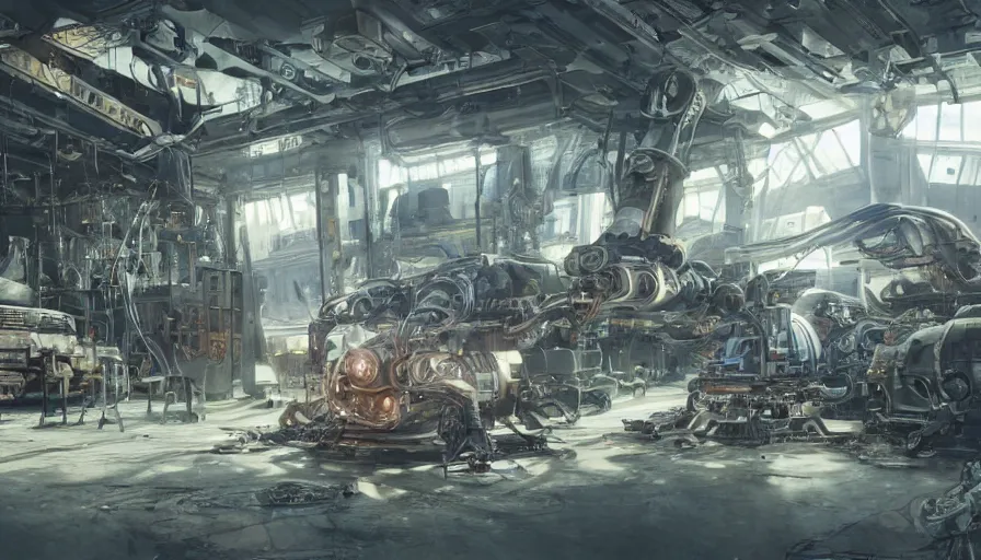 Prompt: the inside of a futuristic mechanic spaceshop coc, highly detailed interior, scrap metal on workbenches, half - finished robot, holographic screen in center frame by peter mohrbacher, cryengine render, hyper realism, realistic shading, cinematic composition, realistic render, octane render, detailed textures, photorealistic, wide shot, fanciful, colorful