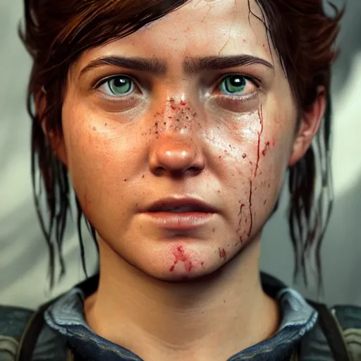 Image similar to highly detailed facial portrait of ellie from the last of us part 2, angry, micro expressions, highly detailed, trending on artstation, cinematic lightning