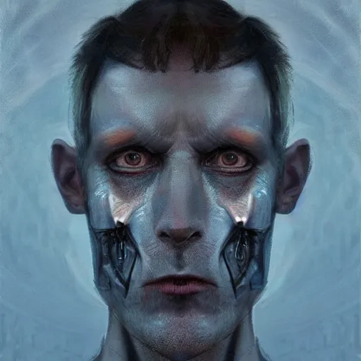 Image similar to surreal portrait of a man by Greg Rutkowski, symmetrical face, he is about 50 years old, short black hair with bangs, his features are a mix between French, Turkish and Russian, transformed into a kind of biomechanical transhuman god, blue glowing eyes, expression of epiphany and determination, cosmic void background, frightening, fascinating, highly detailed portrait, digital painting, book cover, artstation, concept art, smooth, sharp foccus ilustration, Artstation HQ