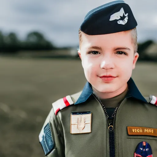 Image similar to a Fox dressed in a modern American military jet pilot uniform, 85mm f/1.4