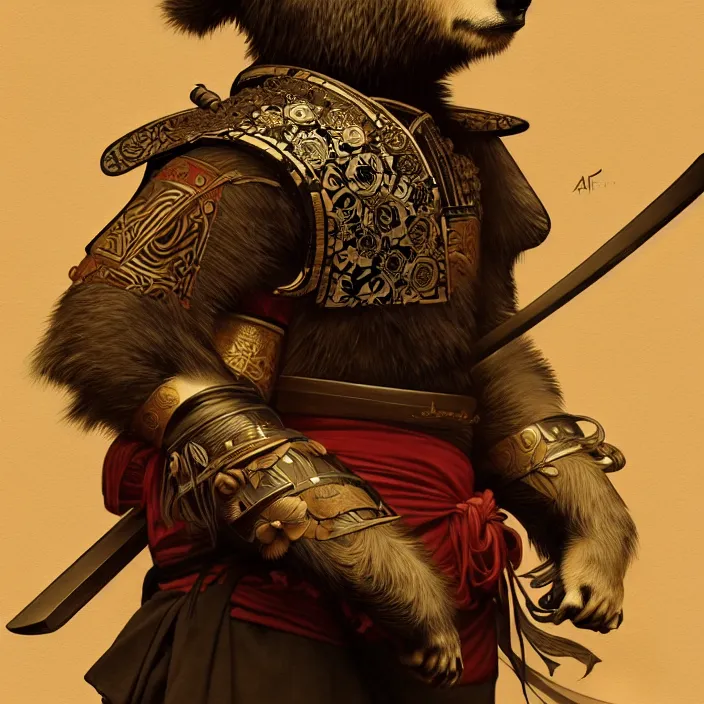 Image similar to anthropomorphic samurai bear, diffuse lighting, fantasy, intricate, highly detailed, lifelike, photorealistic, digital painting, artstation, illustration, concept art, smooth, sharp focus, art by alphonse mucha