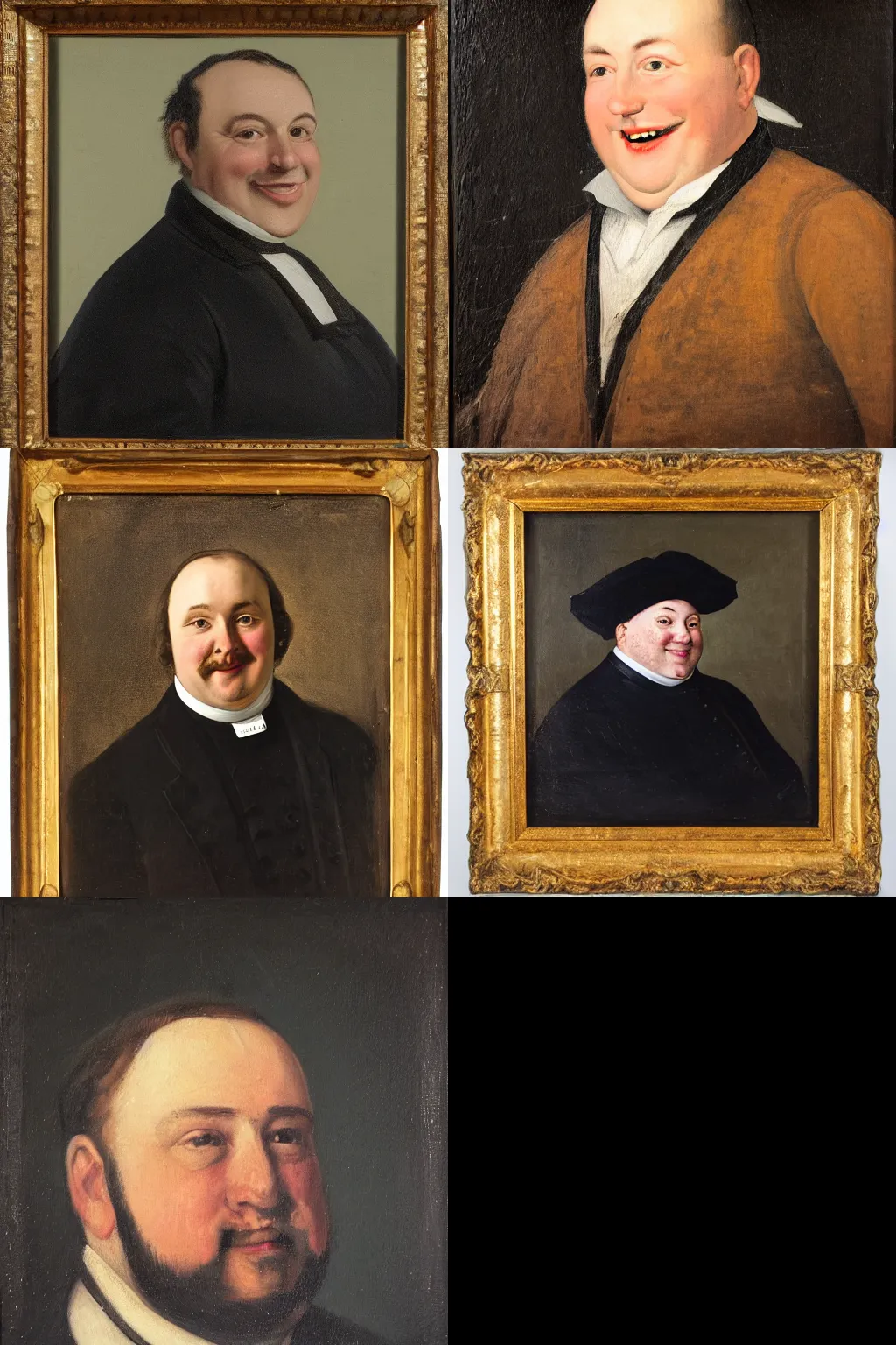 Prompt: oil portrait of a smiling portly French gentleman, a member of the clergy, black background