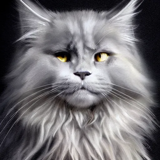 Image similar to a big old menacing dark grey maine coon cat with white belly, white paws and white face markings with long fur and fluffy tail, sitting, intricate, elegant, highly detailed, digital painting, artstation, concept art, matte, sharp focus, illustration, art by Artgerm and Greg Rutkowski and Alphonse Mucha