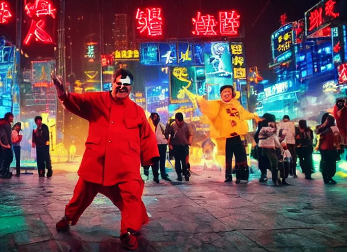 Prompt: xi jinping dancing, heroic shot, post apocalyptic, medieval times, cyber - punk, 7 0 s, wide shot, at night, neon lights