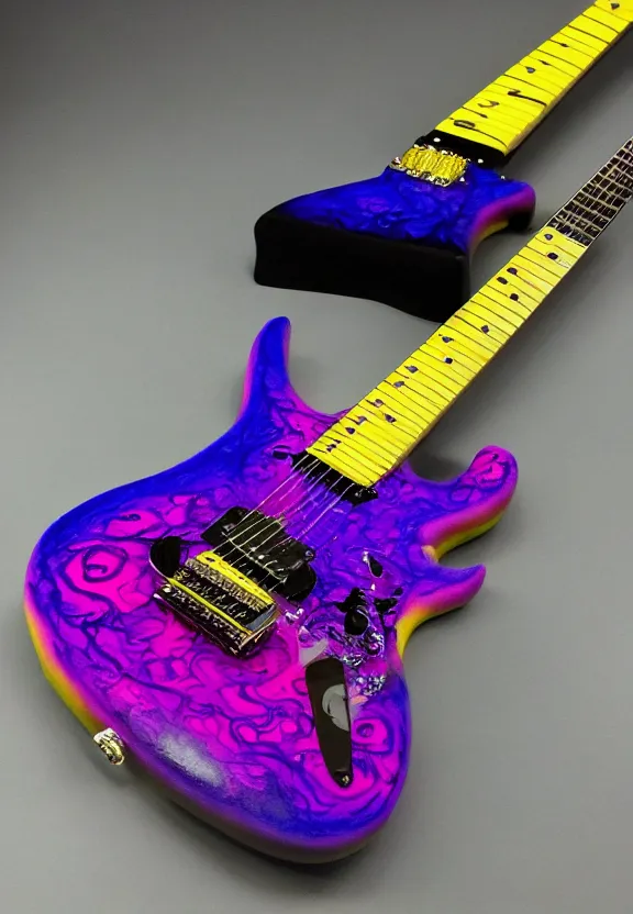 Prompt: electric guitar with a yellow and purple swirl paint finish