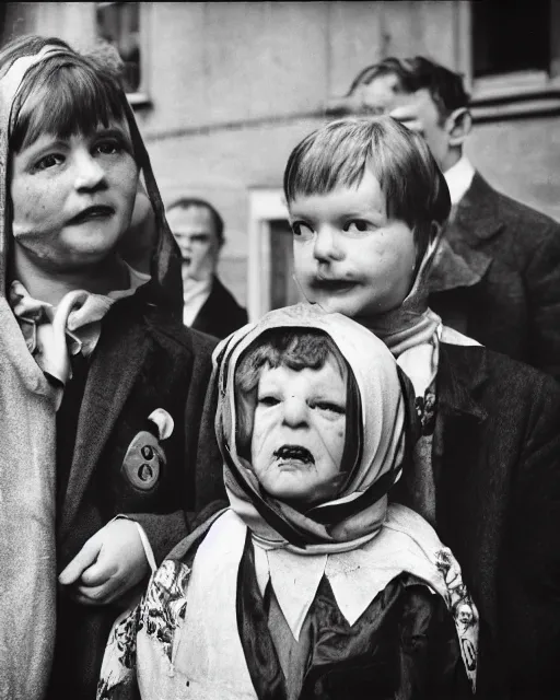 Image similar to Award winning reportage photo of Welsh Natives wearing traditional garb by Garry Winogrand and Dian Arbus, 85mm ND 5, perfect lighting, gelatin silver process