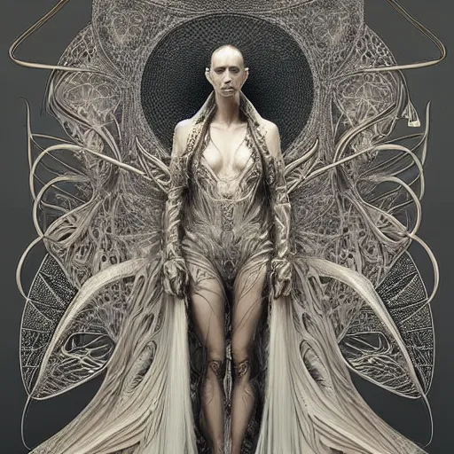 Prompt: cyberpunk art nouveau high priestess by iris van herpen, zdzisław beksinski and alphonse mucha. highly detailed, hyper - real, very beautiful, intricate fractal details, very complex, opulent, epic, mysterious, trending on deviantart and artstation