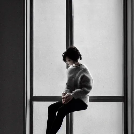 Prompt: a woman sitting on a window sill looking out the window, grey sweater, a stock photo by chen jiru, tumblr, aestheticism, movie still, pretty, pixiv