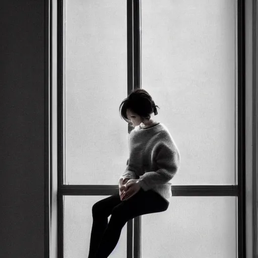 Image similar to a woman sitting on a window sill looking out the window, grey sweater, a stock photo by chen jiru, tumblr, aestheticism, movie still, pretty, pixiv