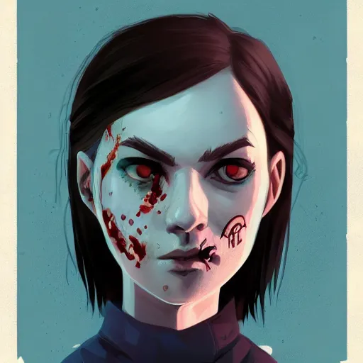 Image similar to Highly detailed portrait of a punk zombie young lady by Atey Ghailan, by Loish, by Bryan Lee O'Malley, by Cliff Chiang, ((dark blue moody background))