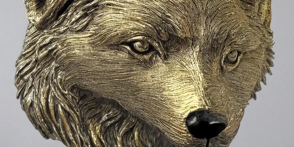 Image similar to gorgeous wolf statue portrait with gold filigree