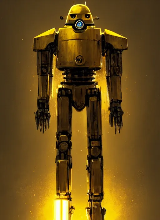 Image similar to human-sized strong intricate yellow pit droid, carrying longsword and big paladin shield, pancake head, exposed metal bones, painterly humanoid mecha, full body, sharp focus, cinematic, by Greg Rutkowski