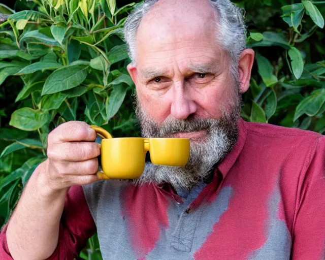 Image similar to mr robert is drinking fresh tea in a garden from spiral mug, detailed face, wearing choker, grey beard, golden hour, red elegant shirt