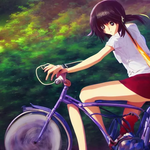 Image similar to close up of a high definition anime girl with rappi clothes in a rappi bike with armenia quindio in the background , Artwork by Makoto Shinkai, pixiv, 8k, official media, wallpaper, hd