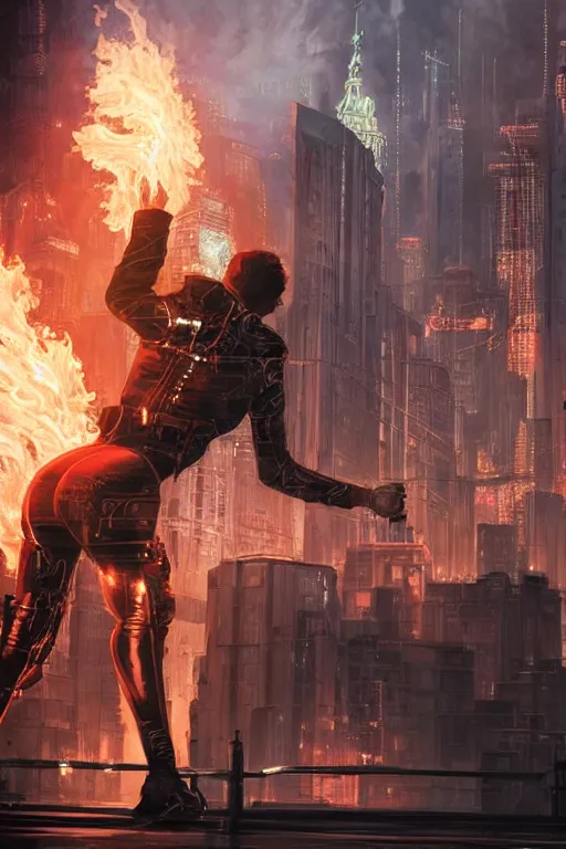 Prompt: in the foreground Saint Petersburg in cyberpunk, in the background a magnificent young blonde woman from behind playing with flames coming out of her hands wearing a long matrix-style jacket, realistic, high definition, many details, dramatic scene, symmetrical face, eyes realistic, art of michael komarck