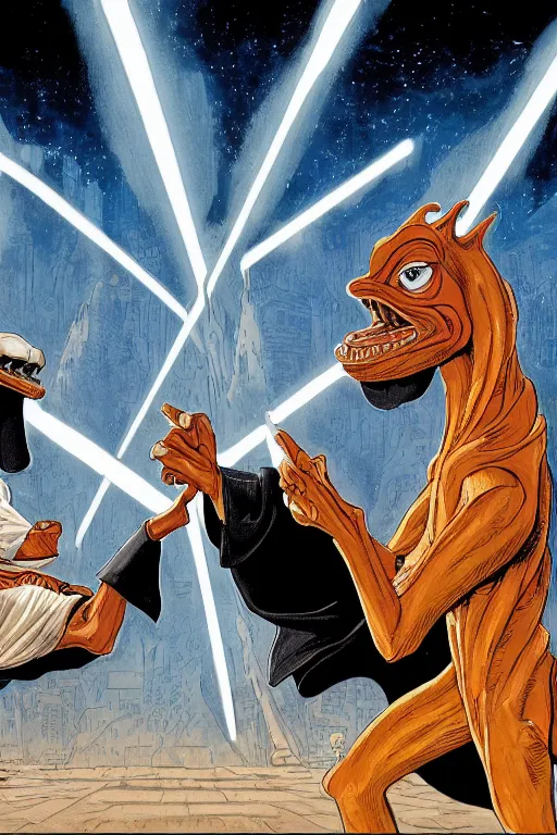 Prompt: [a fight between Macron and JarJar Binks, 4k, HD, high quality, art by Moebius]