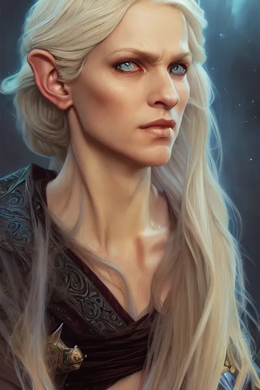 Image similar to portrait of an old blonde elven mage, dark, piercing eyes, gentle expression, elegant clothing, photorealistic, highly detailed, artstation, smooth, sharp focus, art by michael whelan, artgerm, greg rutkowski and alphonse mucha