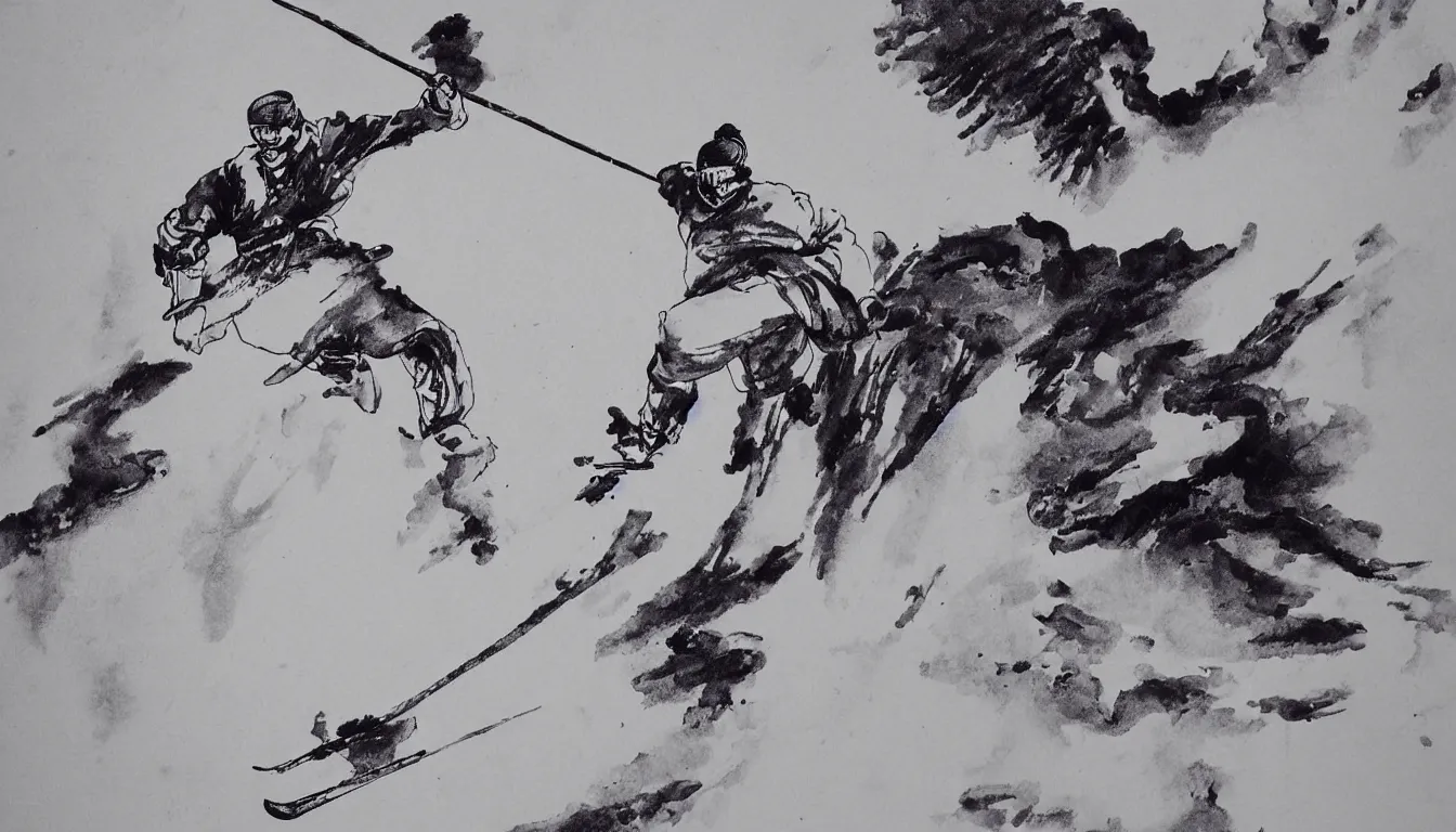 Image similar to traditional chinese ink drawing of a skier, ultra detailed