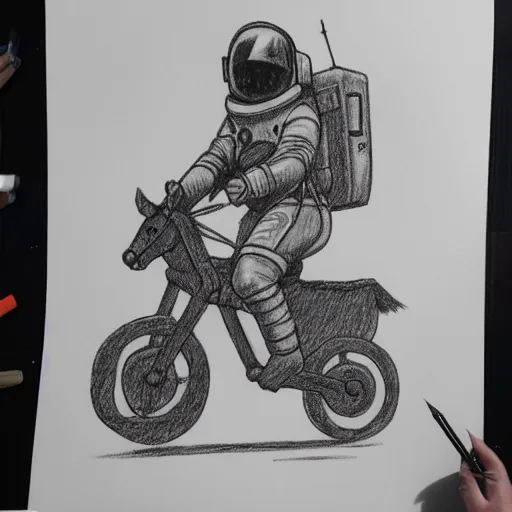 Prompt: Pencil drawing of a spaceman riding a pony on the moon