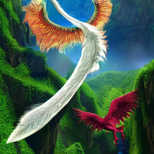 Prompt: a feather dragon with wings spread out and an open mouth flying over high cliffs and jungles with large trees and vines, fantasy, 8k, realistic