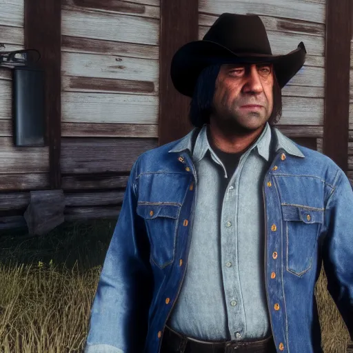 Image similar to Film still of Anton Chigurh, from Red Dead Redemption 2 (2018 video game), no hat, no text