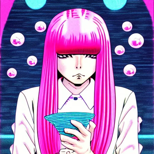 Prompt: realistic dark retro pulp sci - fi colored manga illustration of princess bubblegum by junji ito, with pink hair made of bubblegum, confident scientist performing experiments in her lab