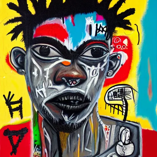 Prompt: detailed neo expressionism chaotic oil painting of sad boy rapper depressed with tattoos by basquiat