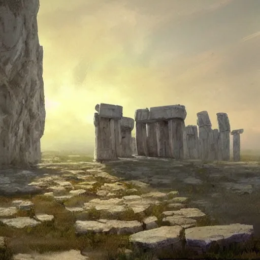 Image similar to concept art by craig mullins of a small, white marble cliff in a meditereanian landscape, with stone henge on top