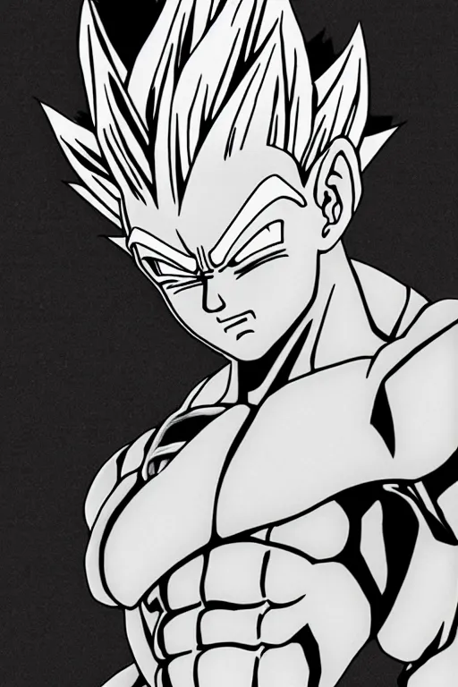 Image similar to prince vegeta, portait, grayscale photography, very detailed, dynamic lighting, akira toriyama