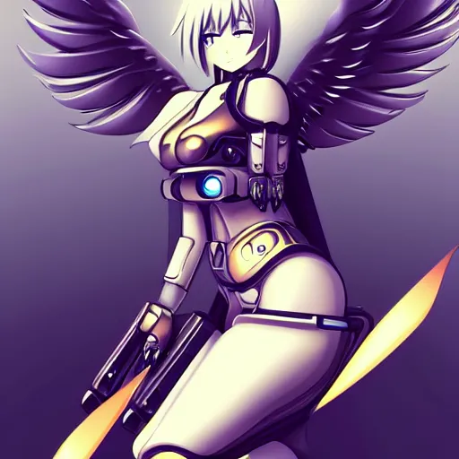 Image similar to full body, gorgeous small female android cyborg - angel large angelic wings, left eye gold and right eye silver, cyberpunk - anime art