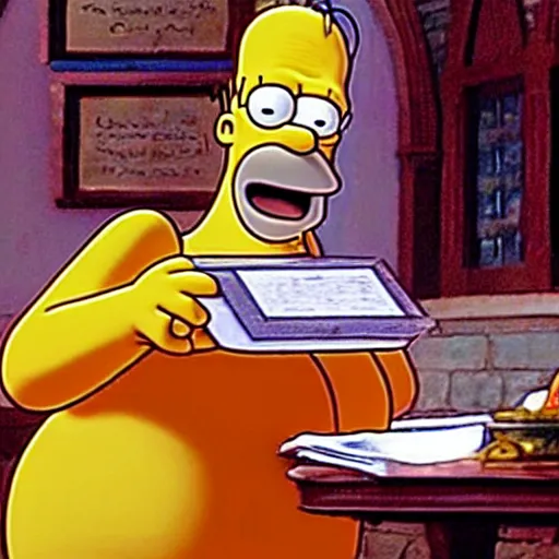 Prompt: a still image of homer simpson in harry potter and the philosopher's stone ( 2 0 0 1 )