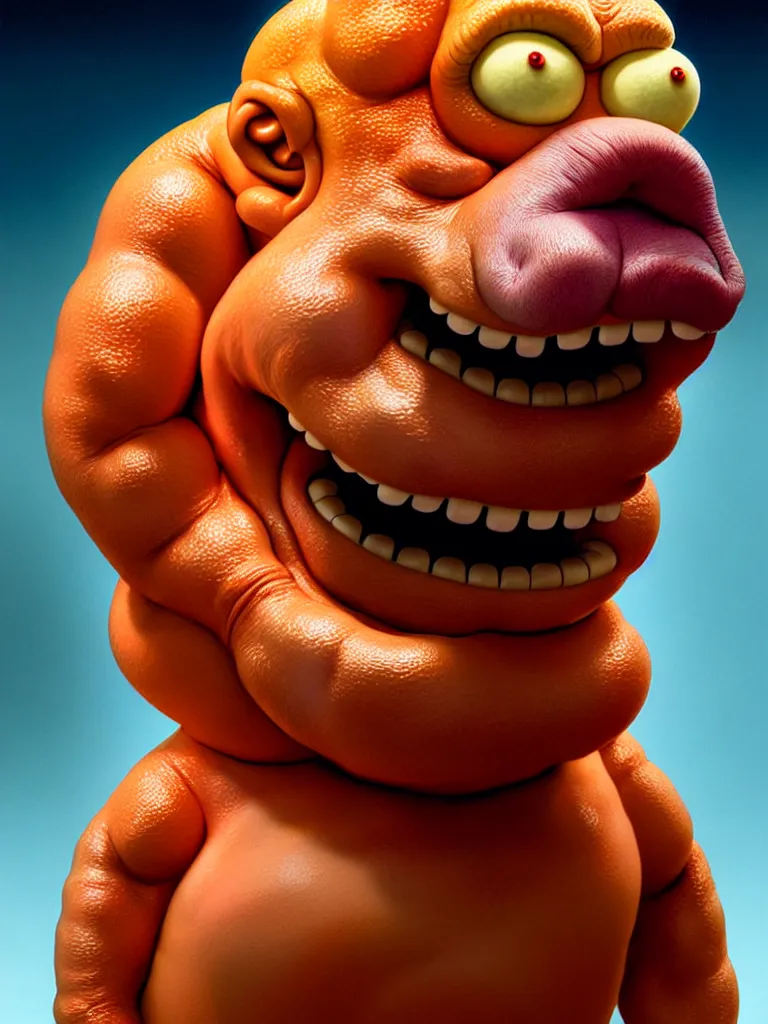 Image similar to hyperrealistic rendering, fat smooth cronenberg flesh monster homer simpson by donato giancola and greg rutkowski and wayne barlow and zdzisław beksinski, product photography, action figure, sofubi, studio lighting, colored gels, colored background