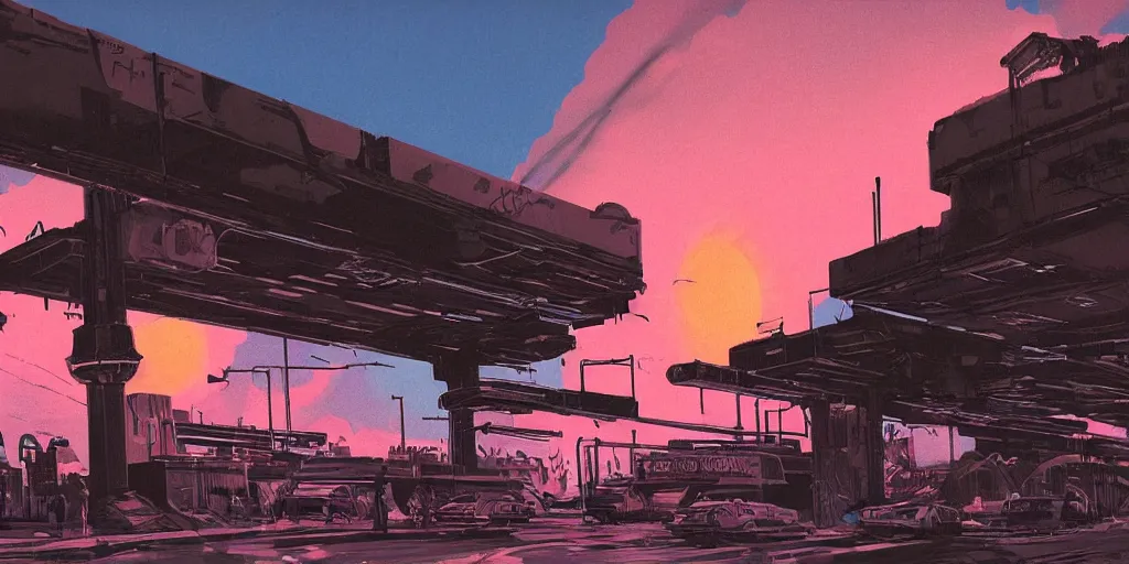 Prompt: post apocalyptic wasteland neon futuristic cyberpunk vaporwave glow sunset clouds sky subway tunnel illustration by syd mead