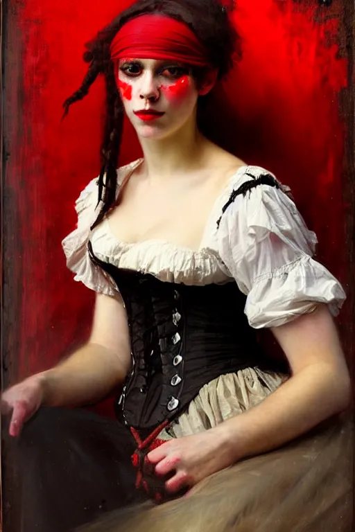 Image similar to solomon joseph solomon and richard schmid and jeremy lipking victorian genre painting full length portrait painting of a young beautiful woman traditional punk rock german french actress model pirate wench in fantasy costume, red background