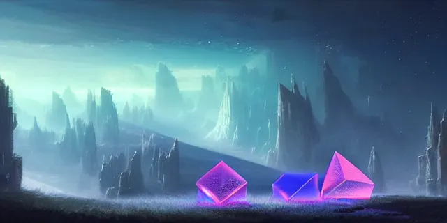 Prompt: a fleet of giant glowing futuristic crystal cubes in the sky, a fantasy magical landscape seen in the distance, atmospheric lighting, intricate, volumetric lighting, beautiful, sharp focus, ultra detailed, in the art style of marc simonetti, bowater charlie and brom gerald, astrophotography