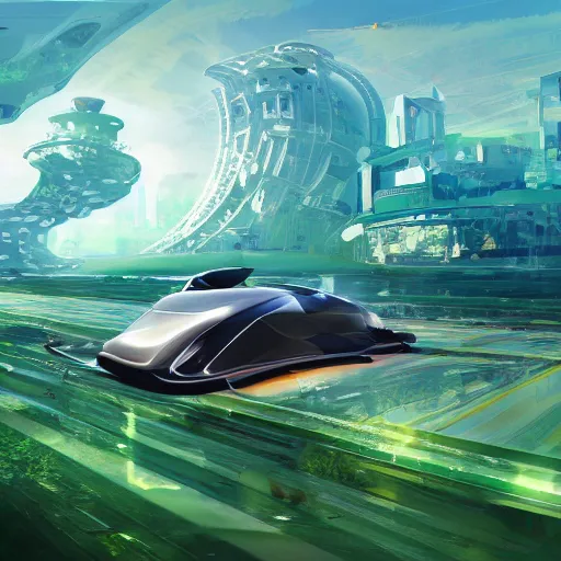 Image similar to solarpunk hovercar, clean energy, green technology, batoidea shape, airspace, sunny day, futurism, intricate, engines, autonomous, highly detailed, peaceful, utopia, bright, digital painting, advanced, artstation, concept art, smooth, sharp focus, epic landscape, art by akihiko yoshida and tim mcburnie and anato finnstark