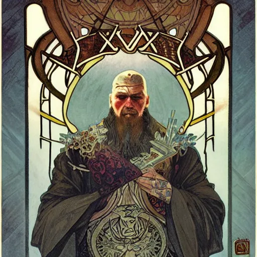 Image similar to portrait of tattooed Slavic Viking priest by Anato Finnstark, Alphonse Mucha, and Greg Rutkowski