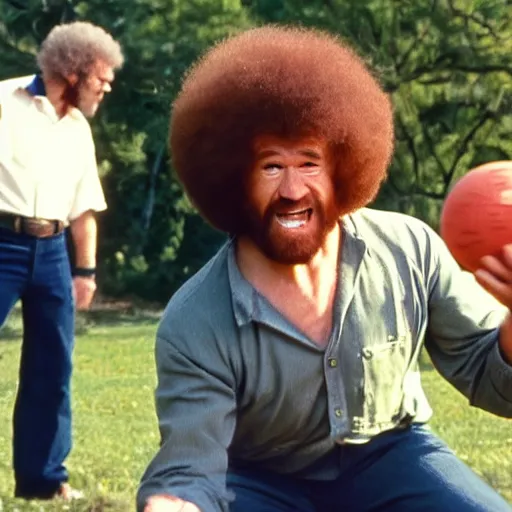 Image similar to screaming bob ross throwing a ball to jessie pinkman