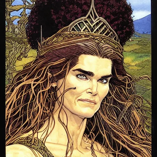 Image similar to a realistic, very beautiful and atmospheric portrait of brooke shields as a druidic warrior wizard looking at the camera with an intelligent gaze by rebecca guay, michael kaluta, charles vess and jean moebius giraud
