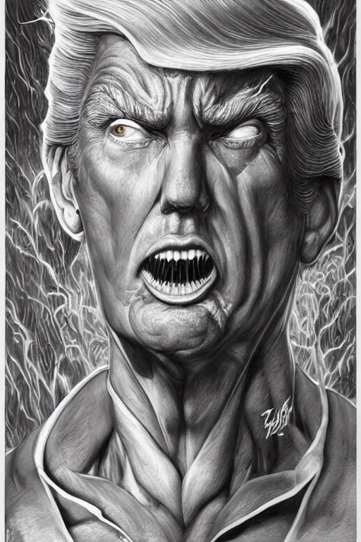 Prompt: donald trump's disgusting true form, high details, intricate details, by vincent di fate, artgerm julie bell beeple, 90s, inking, vintage 60s print