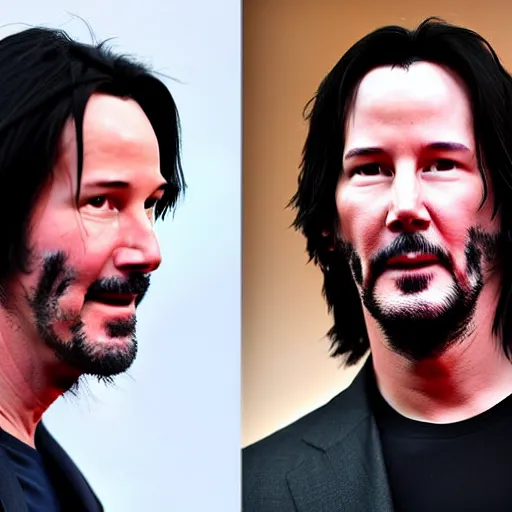 Image similar to several keanu reeves standing next to each other in a row, highly detailed, extremely high quality, hd, 4 k, 8 k, professional photographer, 4 0 mp, lifelike, top - rated, award winning, realistic, detailed lighting, detailed shadows, sharp, no blur, edited, corrected, trending