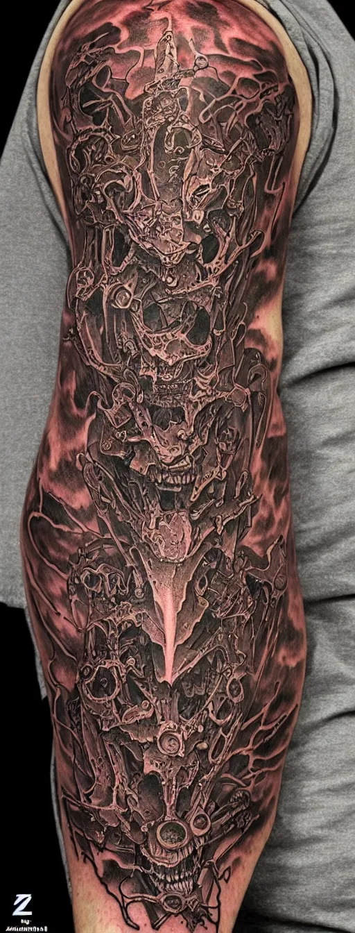 Image similar to highly detailed doom tattoo sleeve concept art drawing, side view, sf biomechanical designs, intricate and stylized infernal designs by zdizslaw beksinski, kilian eng, alphonse mucha