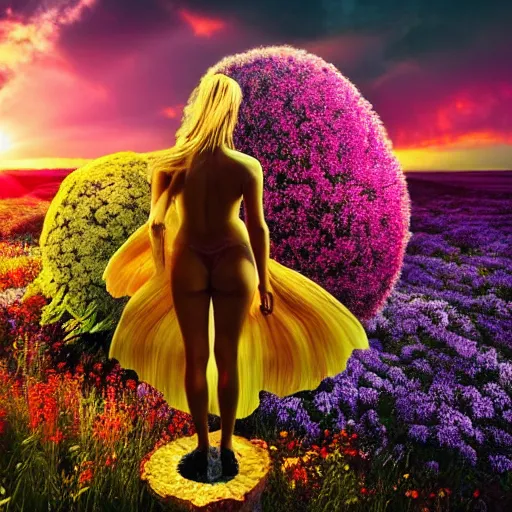 Image similar to A picture of a planet of various flowers, fungus and plants, in which the human figure is dressed in something magical and impressive, inside the picture is infinity, sunset light, Atmospheric phenomenon, artistic photography, muted colors, conceptual