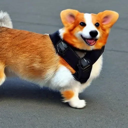 Image similar to corgi wearing a saddle